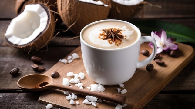 Cup of coffe, latte with coconut milk, Generative AI