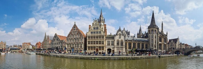 Fototapeta na wymiar Panoramic view of historical houses at the canal in the old town of Ghent, Belgium