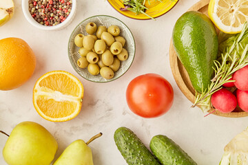 Vegan food menu for plant based, FODMAP, Mediterranean, KETO diet. Vegetables, fruits, greens, citrus, olives. Detox, healthy lifestyle concept