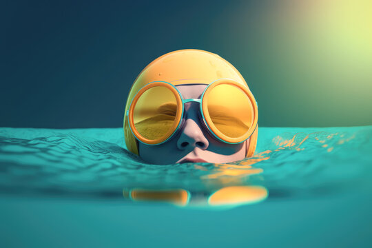 Close up of Generative AI illustration of person in yellow swimming glasses and hat diving in pool water