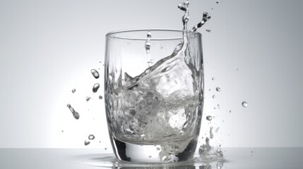 Ice cubes falling into a glass of water on white background. AI generated.