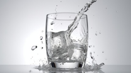 Ice cubes falling into a glass of water on white background. AI generated.