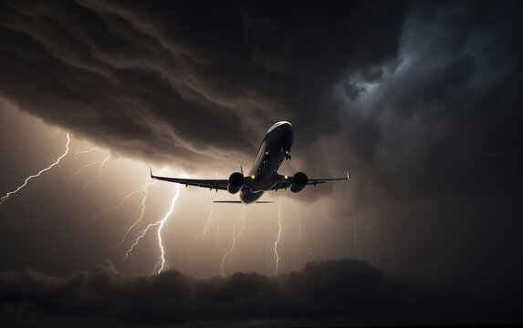 Generative AI illustration of low angle of dramatic view of airplane flying in dark cloudy sky during thunderstorm with lightning
