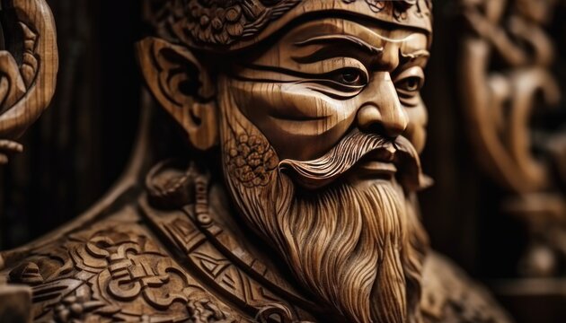 Wood carving art, dragon, lion, rabbit, forest wood carving patterns. Generative Ai