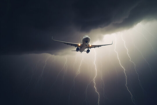 Generative AI illustration of low angle of dramatic view of airplane flying in dark gloomy sky with heavy clouds during thunderstorm with lightning