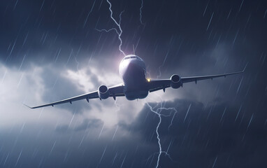 Generative AI illustration of low angle of dramatic view of airplane flying in dark gloomy sky with heavy clouds during thunderstorm with lightning