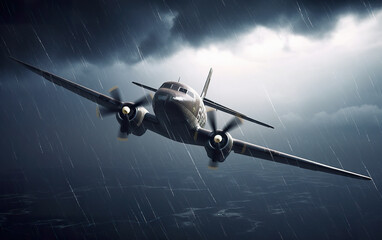 Generative AI illustration of low angle of dramatic view of airplane flying in dark gloomy sky with heavy clouds during heavy rain