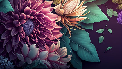 Beautiful flower and leaves design with a seamless pattern, Generative AI