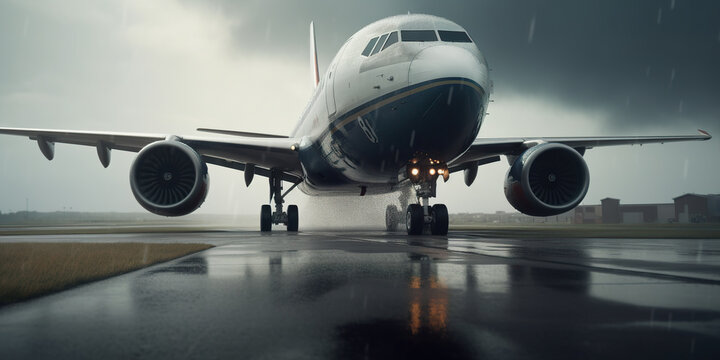 Generative AI illustration of ground level of business jet airplane standing on airfield in airport against dark gloomy sky with heavy clouds during overcast weather