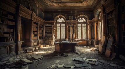 Image of an old ornate but abandoned library. AI generated.