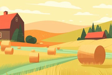 Farm design with bales of hay in the field from generative ai