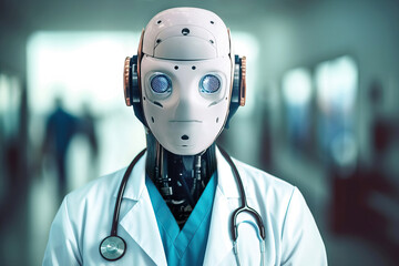 Portrait of a robot doctor in a hospital. Generative AI