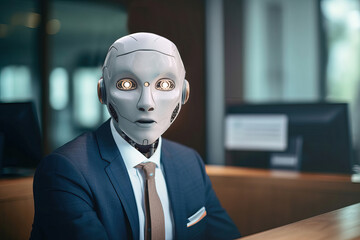 Portrait of a banker robot in a bank. Generative AI