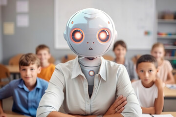Portrait of a female robot teacher in the classroom. Generative AI