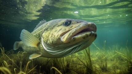 Underwater picture of a fresh water fish Largemouth Bass. AI generated. - obrazy, fototapety, plakaty