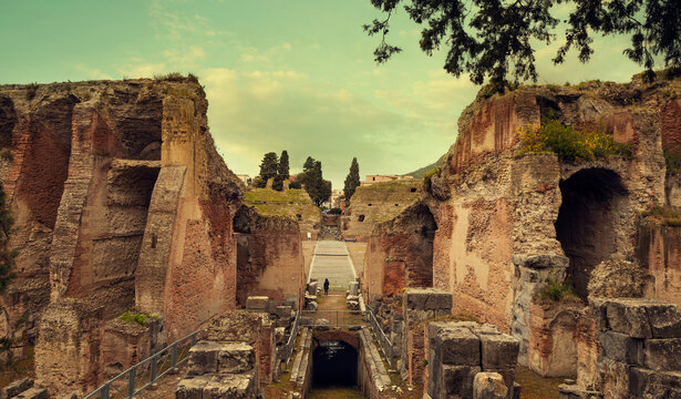 Panorama of Flavian amphitheater in Pozzuoli town, Naples, Italy
