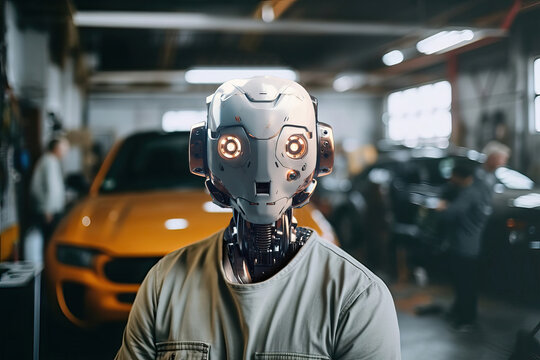 Portrait of a robot mechanic in a car workshop. Generative AI