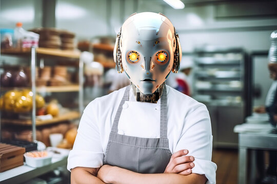 Portrait of a robot cook in a kitchen. Generative AI