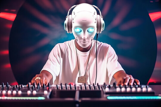 Portrait of a robot DJ in a nightclub. Generative AI
