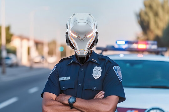Portrait of a police robot in the street next to patrol car. Generative AI