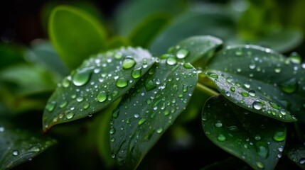 Macro of a few drops of water on a leaves. AI generated.