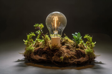 AI generated illustration of glowing transparent light bulb placed on piece of soil with green grass against dark background