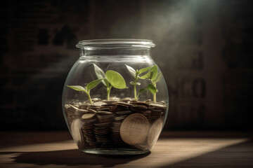 Generative AI illustration of verdant springs growing in glass jar full of coins against dark background in daylight