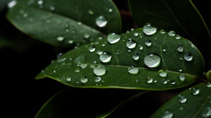 Macro of a few drops of water on a leaves. AI generated.