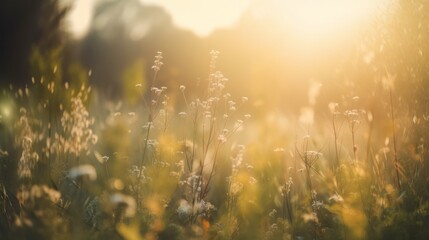 Fototapeta na wymiar Magic blur bokeh nature morning sun flower field. AI generated.