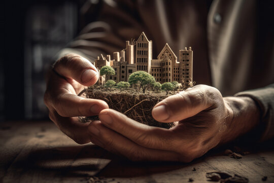 Generative AI illustration of unrecognizable person holding piece of soil with small multistory buildings and green woods