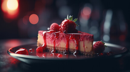 Strawberry cheesecake with red fruit sauce Generative AI  - obrazy, fototapety, plakaty