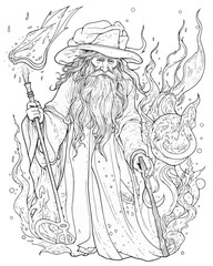 Mage elf in a magical fire vector coloring book black and white for kids and adults isolated line art on white background.