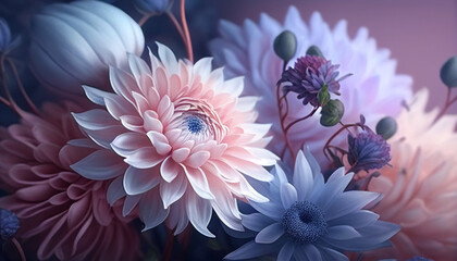 Pink and blue flowers, stunning background with gentle pink and blue flowers, Generative AI