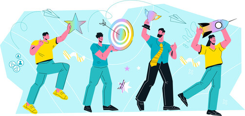 Business team success and efficiency concept. Office workers celebrating their success on market and result of business development.