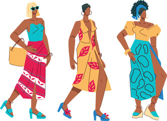 Set of fashion women characters or fashion models. Demonstration of summer fashion show by models.