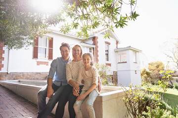 Portrait, home and family outdoor, smile and bonding with quality time, homeowner and cheerful....
