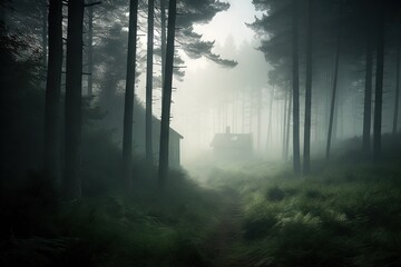gloomy and atmospheric house standing in the forest covered with fog AI