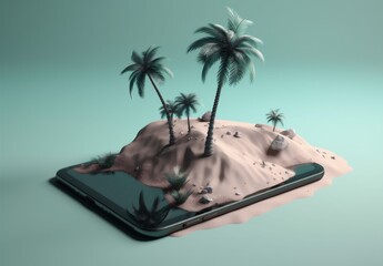 up cyber concept sand summer phone creative mock sea holiday palm. Generative AI.