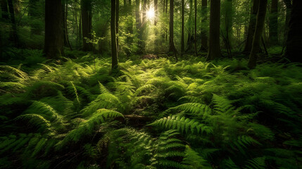 日本の森の春の静寂： ゼンマイシダが繁茂する No.002 | Springtime Serenity in a Japanese Forest: Thriving Zenmai Ferns Generative AI