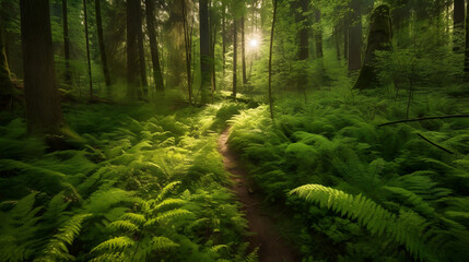 Fototapeta premium 日本の森の春の静寂： ゼンマイシダが繁茂する No.001 | Springtime Serenity in a Japanese Forest: Thriving Zenmai Ferns Generative AI