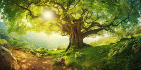Summer landscape panorama with ancient tree, sunbeams coming through lush foliage
