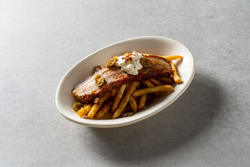 Korean food dish meal Grilled dried pollack Shrimp curry cream risotto chichen wings French Fries