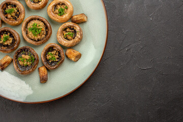 top view delicious mushrooms meal cooked with greens on a dark background dish dinner meal cooking mushroom
