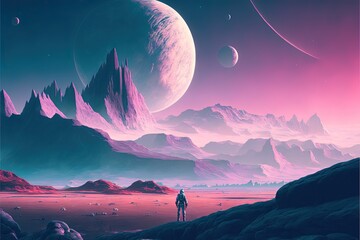 abstract space landscape against the background of a huge planet and an astronaut AI