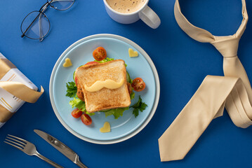 Elevate Father's Day with a breakfast surprise! Overhead view of sandwich with mustaches shaped cheese, cup of coffee, present box, tie, glasses on blue background