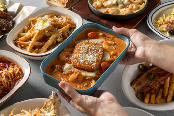 Spicy cream shrimp fondue Korean food dish Brick Pasta Rosé Cream Shrimp Tteokbokki Mac and Cheese Potatoes Tomato Meatlover Pasta