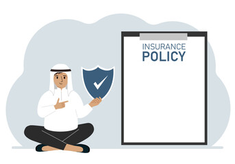 A man holds an insurance policy sign in his hands. The concept of life insurance, property or natural disasters.