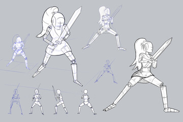 warrior girl in different poses, character design