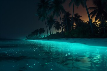 Fototapeta na wymiar ocean beach sky luminous palm paradise tree night vacation blue tropical. Generative AI.