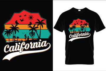 Summer california Ocean side stylish t-shirt trendy design with palm trees silhouettes, typography, print, vector illustration.